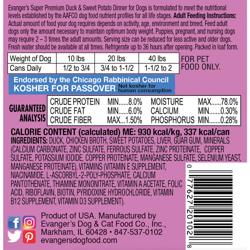 Evangers Super Premium Duck and Sweet Potato Canned Dog Food