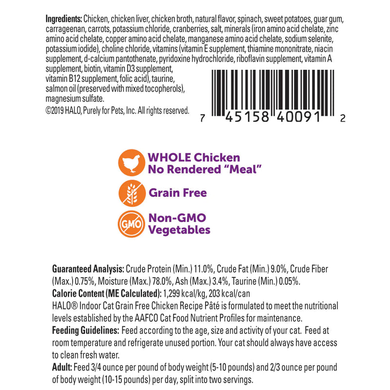 Halo Grain Free Indoor Cat Chicken Pate Canned Cat Food