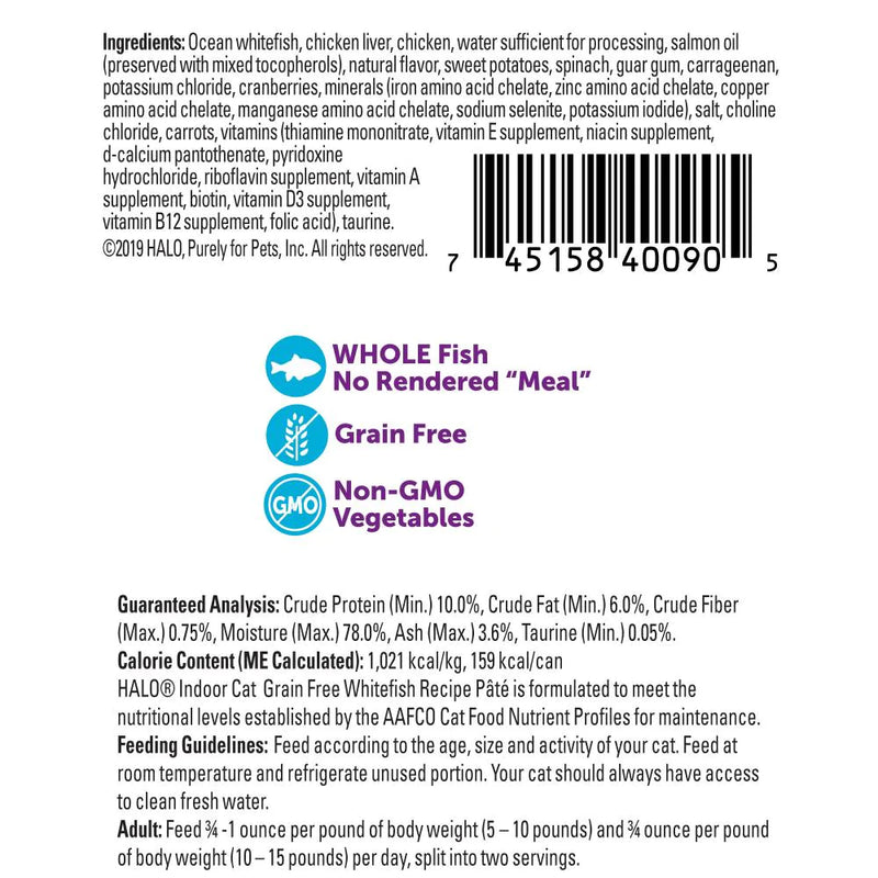 Halo Grain Free Indoor Cat Whitefish Pate Canned Cat Food