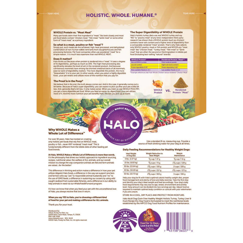 Halo Adult Healthy Weight Grain Free Holistic Turkey, Turkey Liver & Duck Recipe Dry Dog Food