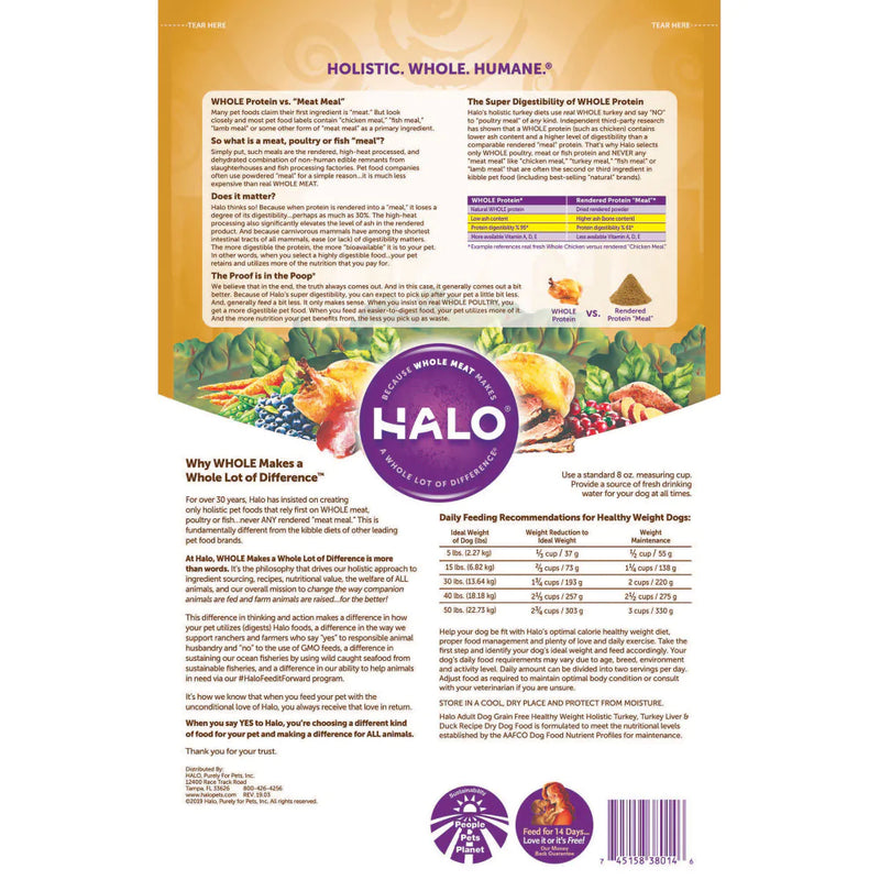 Halo Adult Healthy Weight Grain Free Holistic Turkey, Turkey Liver & Duck Recipe Dry Dog Food