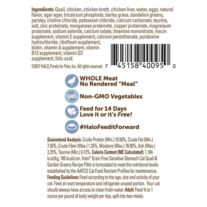 Halo Holistic Sensitive Stomach Grain Free Quail & Garden Greens Pate Canned Cat Food