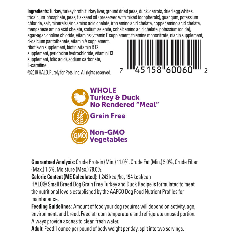 Halo Small Breed Grain Free Turkey & Duck Recipe Canned Dog Food