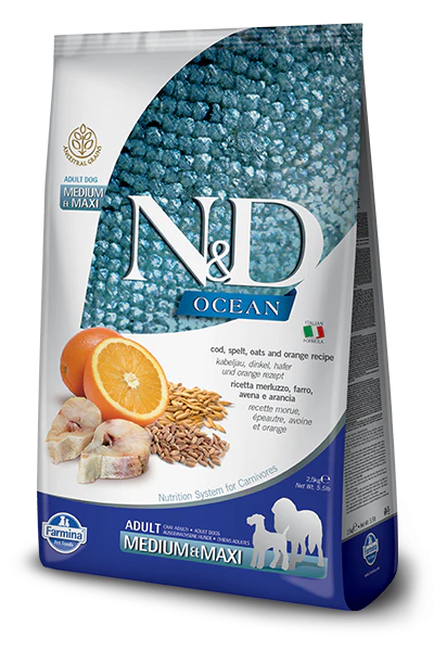 Farmina Ocean N&D Natural & Delicious Medium & Maxi Adult Cod, Spelt, Oats & Orange Dry Dog Food