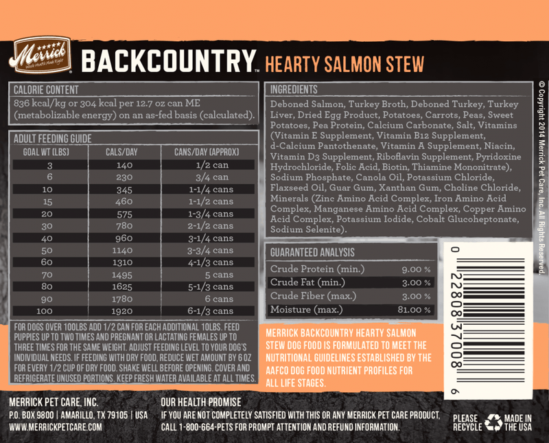 Merrick Backcountry Grain Free Hearty Salmon Stew Canned Dog Food