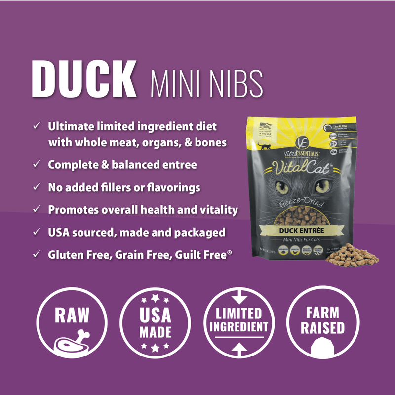 Vital Essentials Freeze Dried Grain Free Duck Mini Nibs Entree for Cats Food
