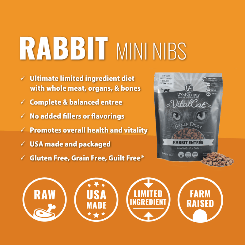 Vital Essentials Freeze Dried Grain Free Rabbit Mini Nibs Entree for Cats Food