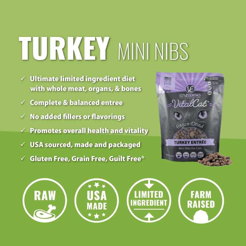 Vital Essentials Freeze Dried Grain Free Turkey Mini Nibs Entree for Cats Food