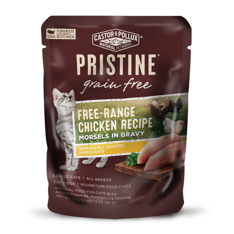 Castor and Pollux Pristine Grain-Free Free-Range Chicken Morsels in Gravy Wet Cat Food Pouches