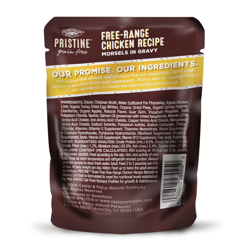 Castor and Pollux Pristine Grain-Free Free-Range Chicken Morsels in Gravy Wet Cat Food Pouches