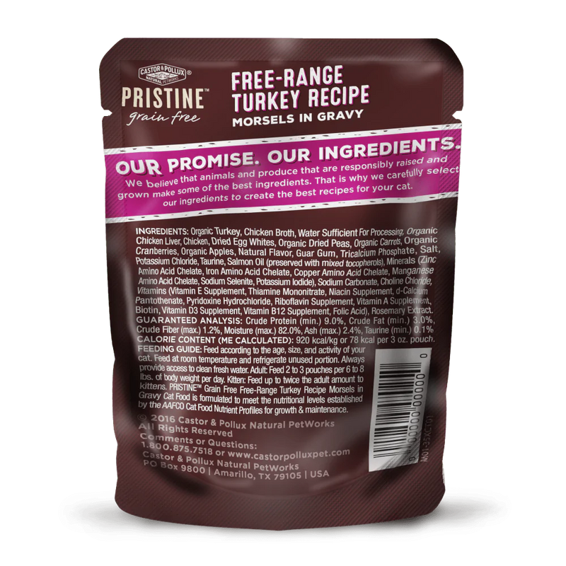 Castor and Pollux Pristine Grain-Free Free-Range Turkey Morsels in Gravy Wet Cat Food Pouches