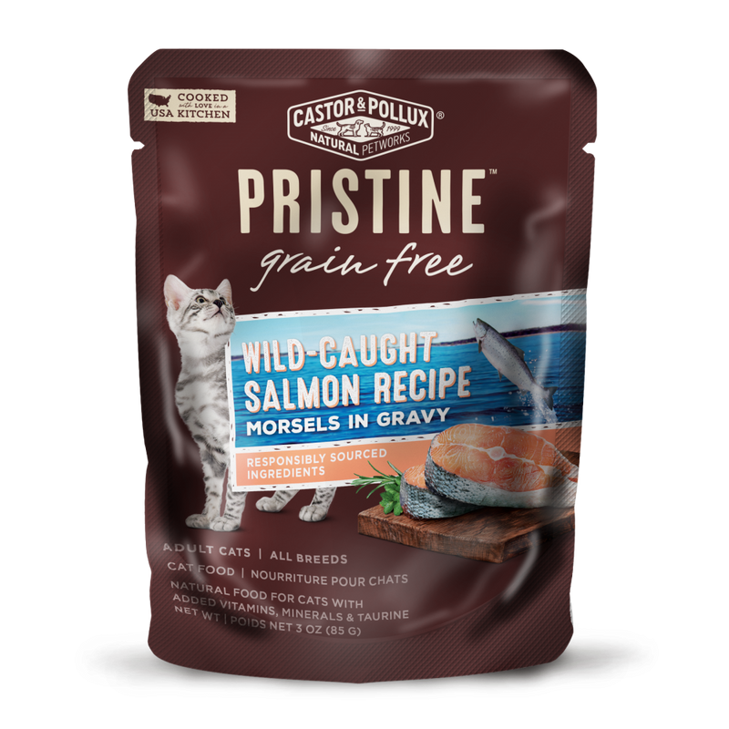 Castor and Pollux Pristine Grain Free Wild Caught Salmon Morsels in Gravy Wet Cat Food Pouches