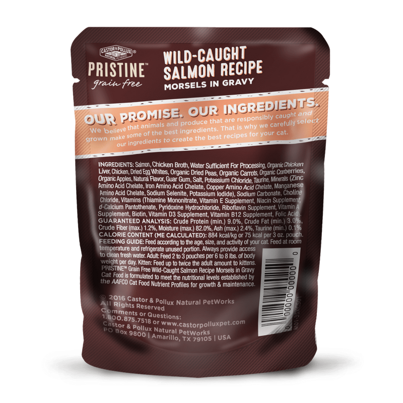Castor and Pollux Pristine Grain Free Wild Caught Salmon Morsels in Gravy Wet Cat Food Pouches