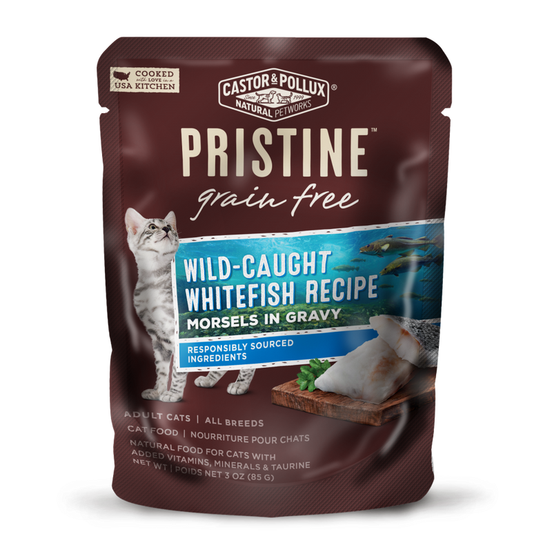 Castor and Pollux Pristine Grain Free Wild Caught Whitefish Morsels in Gravy Wet Cat Food Pouches