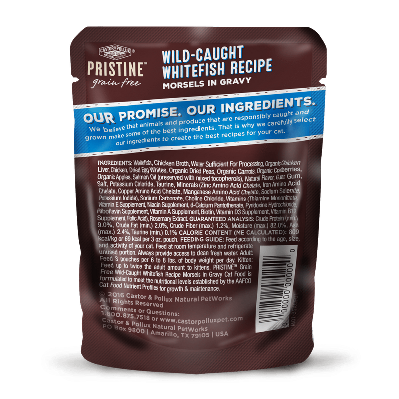 Castor and Pollux Pristine Grain Free Wild Caught Whitefish Morsels in Gravy Wet Cat Food Pouches