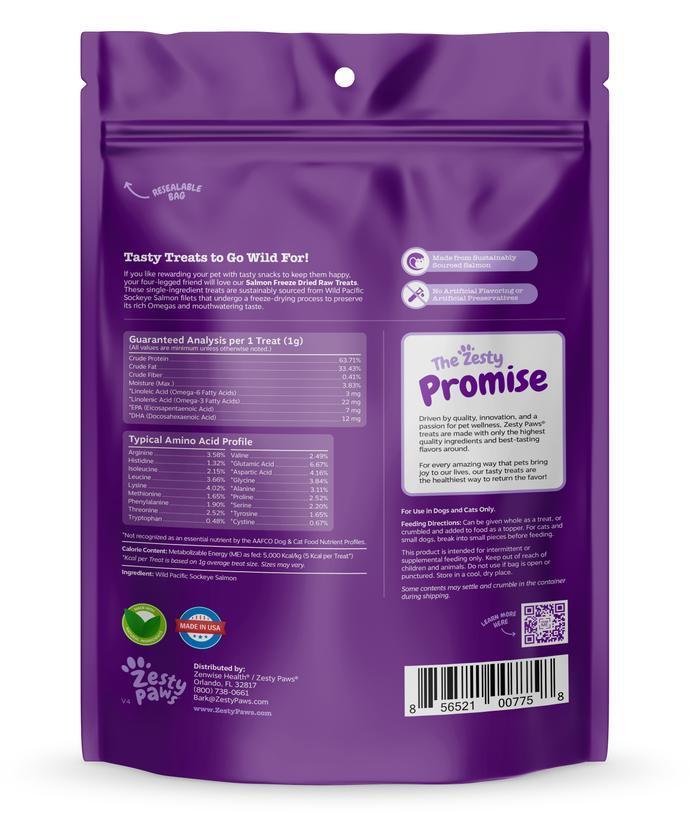 Zesty Paws Raw Freeze Dried Skin & Coat Support Wild Caught Salmon Fillets for Dogs & Cats