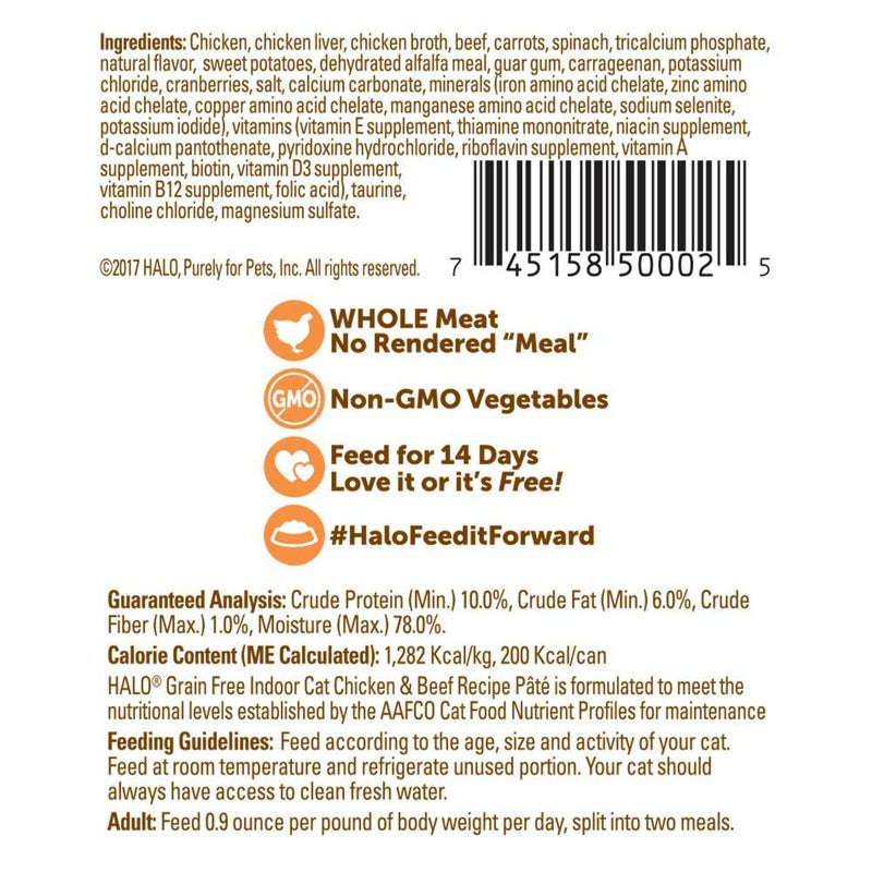 Halo Grain Free Indoor Cat Chicken & Beef Pate Canned Cat Food