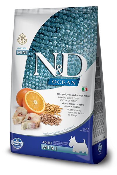 Farmina Ocean N&D Natural & Delicious Ancestral Grain Mini Adult Cod, Spelt, Oats & Orange Dry Dog Food