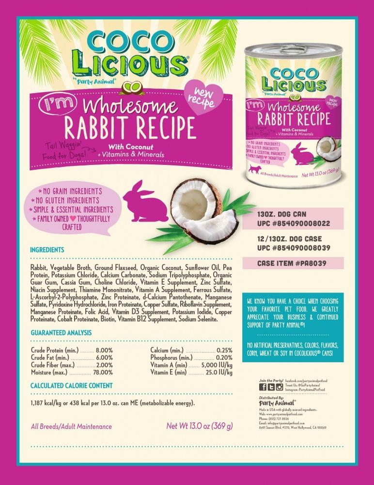 Party Animal Cocolicious Grain Free I'm Wholesome Rabbit Recipe Canned Dog Food