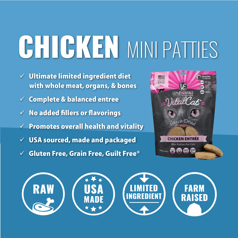 Vital Essentials Freeze Dried Grain Free Chicken Mini Patties Limited Ingredient Entree for Cats