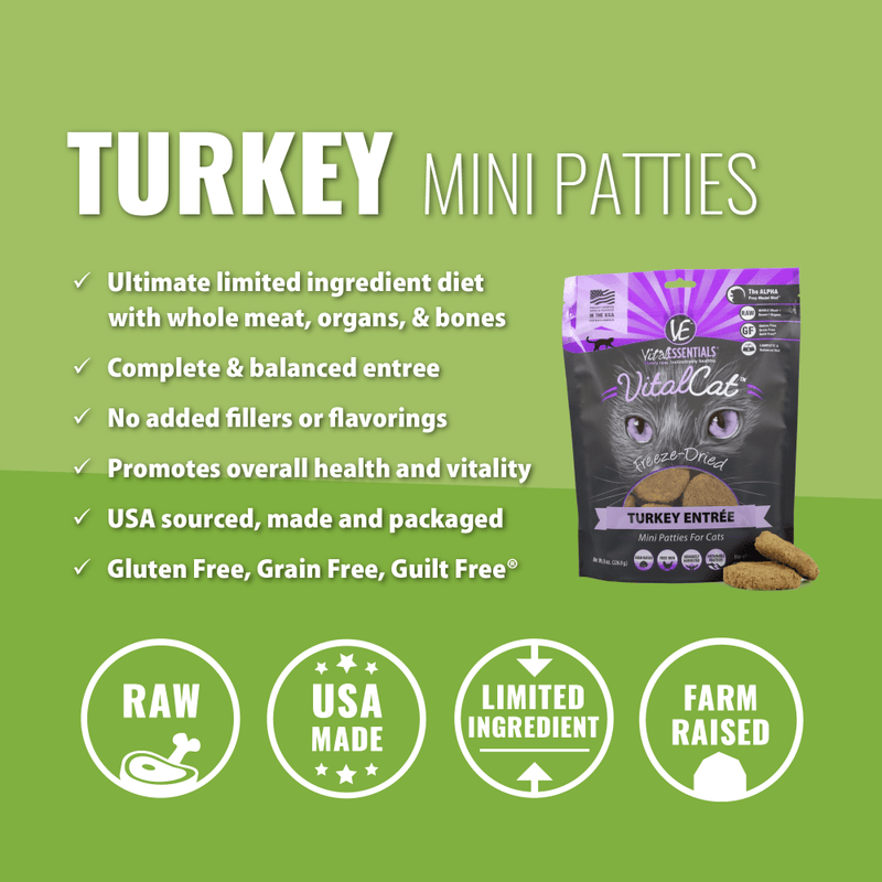 Vital Essentials Freeze Dried Grain Free Turkey Mini Patties Limited Ingredient Entree for Cats