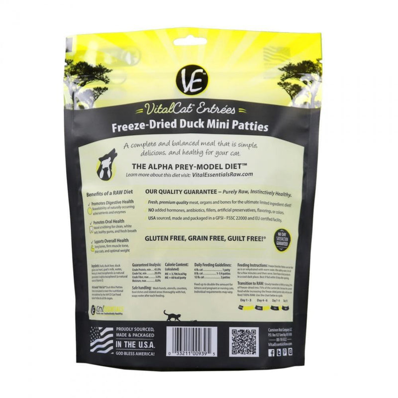 Vital Essentials Freeze Dried Grain Free Duck Mini Patties Limited Ingredient Entree for Cats