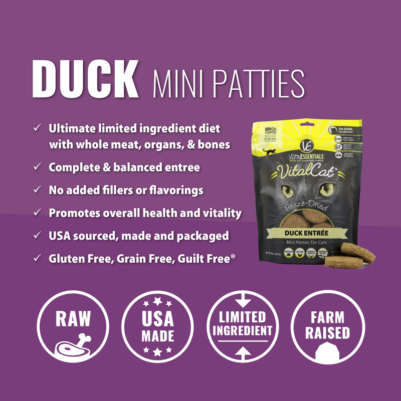 Vital Essentials Freeze Dried Grain Free Duck Mini Patties Limited Ingredient Entree for Cats