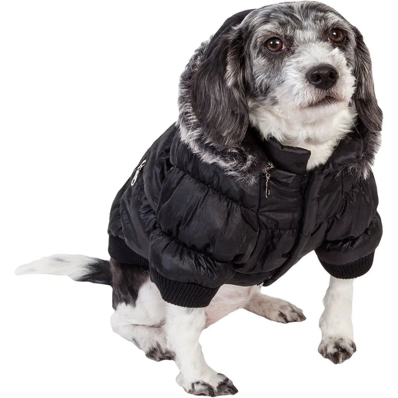 Pet Life Metallic Black Fashion Parka Insulated Dog Coat with Removable Hood