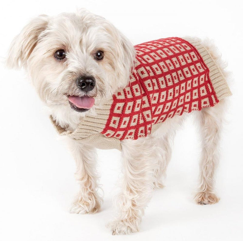 Pet Life Butterscotch Box Weaved Heavy Cable Knitted Tan & Red Turtle Neck Dog Sweater