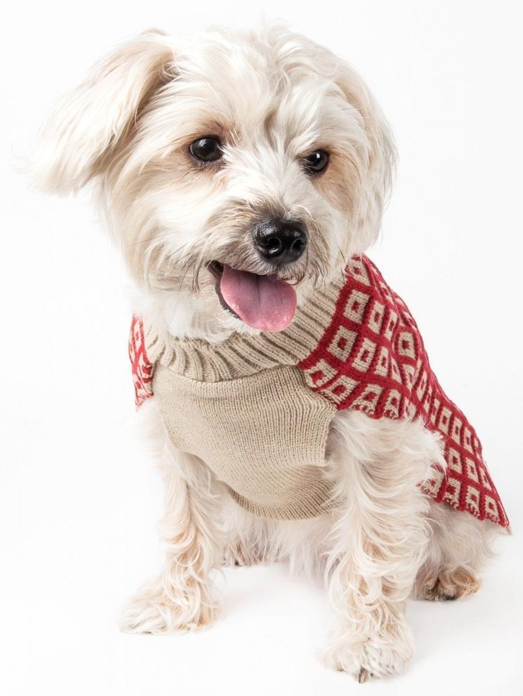 Pet Life Butterscotch Box Weaved Heavy Cable Knitted Tan & Red Turtle Neck Dog Sweater