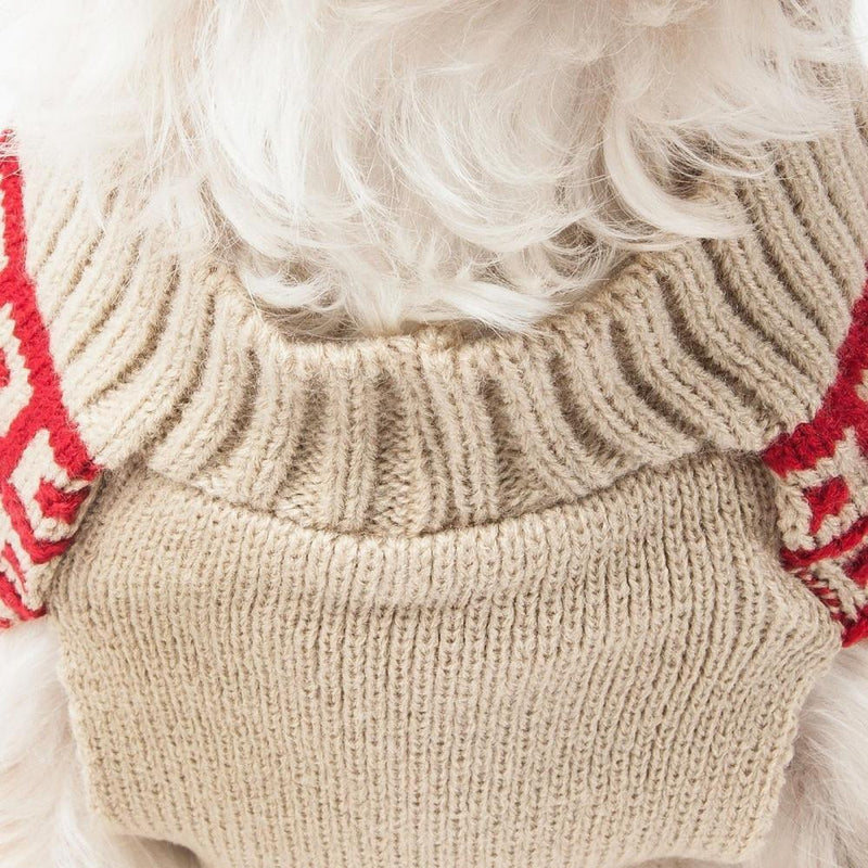 Pet Life Butterscotch Box Weaved Heavy Cable Knitted Tan & Red Turtle Neck Dog Sweater