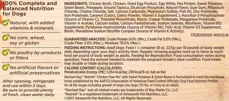 Rachael Ray Nutrish Natural Grain Free Chicken Paw Pie Recipe Wet Dog Food