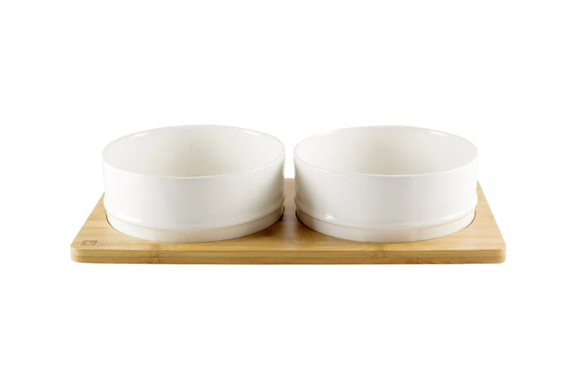 BeOneBreed White Ceramic Bowls on Bamboo Base