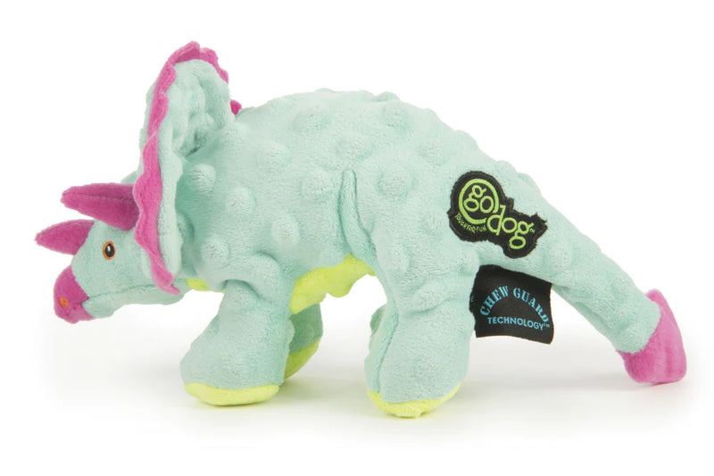 Go Dog Dinos Frills with Chew Guard Technology Durable Plush Squeaker Dog Toy Teal