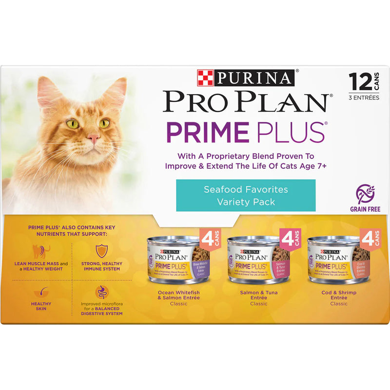 Purina Pro Plan Grain-Free Senior Pate Prime Plus Seafood Favorites Wet Cat Food Variety Pack
