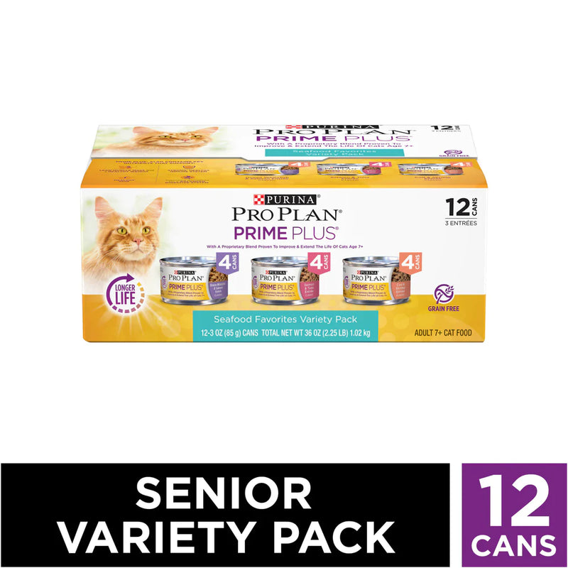Purina Pro Plan Grain-Free Senior Pate Prime Plus Seafood Favorites Wet Cat Food Variety Pack