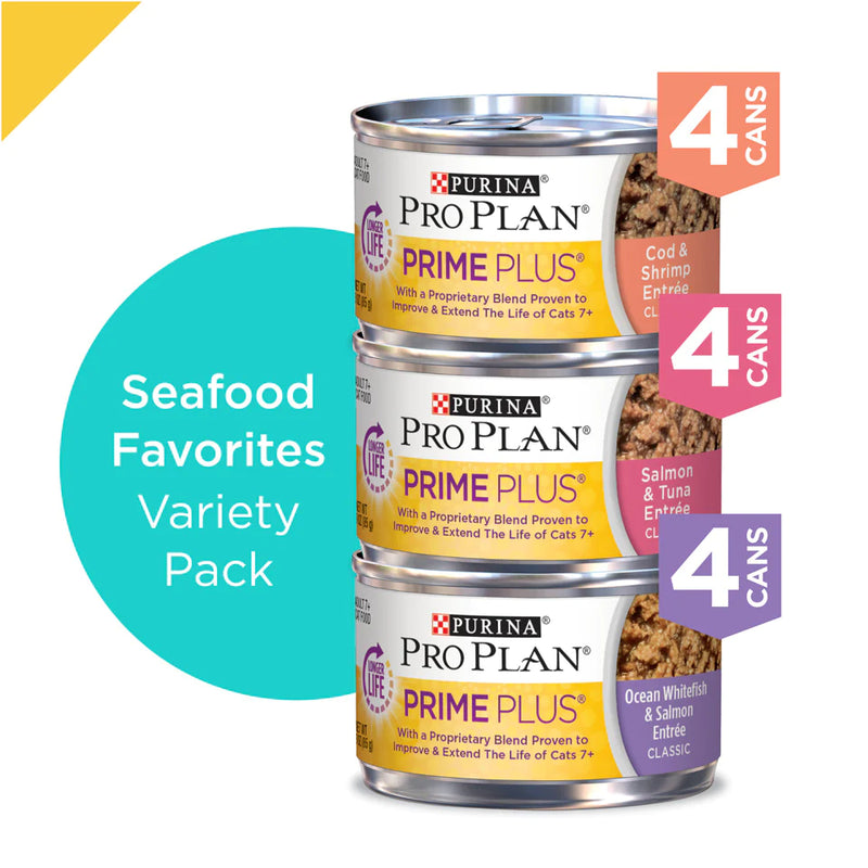 Purina Pro Plan Grain-Free Senior Pate Prime Plus Seafood Favorites Wet Cat Food Variety Pack
