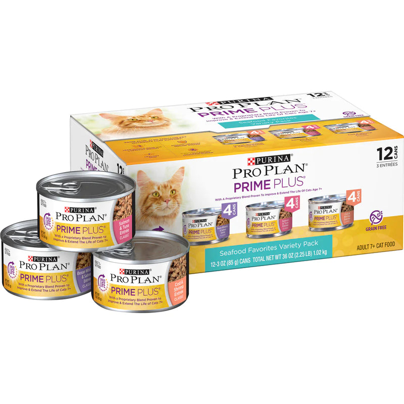 Purina Pro Plan Grain-Free Senior Pate Prime Plus Seafood Favorites Wet Cat Food Variety Pack
