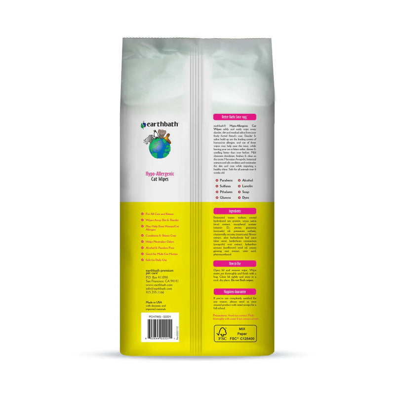 Earthbath Hypo-Allergenic Cat Grooming Cleans & Conditions Fragrance Free Plant-Based Wipes