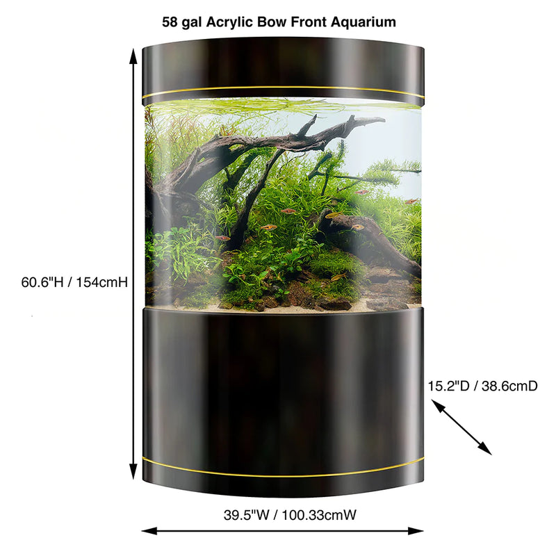 Penn-Plax Water World Luxury Large Bow Front Acrylic Aquarium with Built-In Stand and Storage Top with dimensions