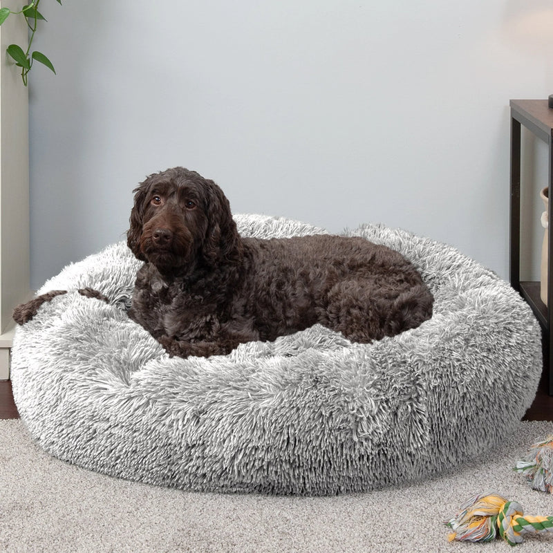 FurHaven Calming Cuddler Long Fur Donut Bed - Large 36", Mist Gray